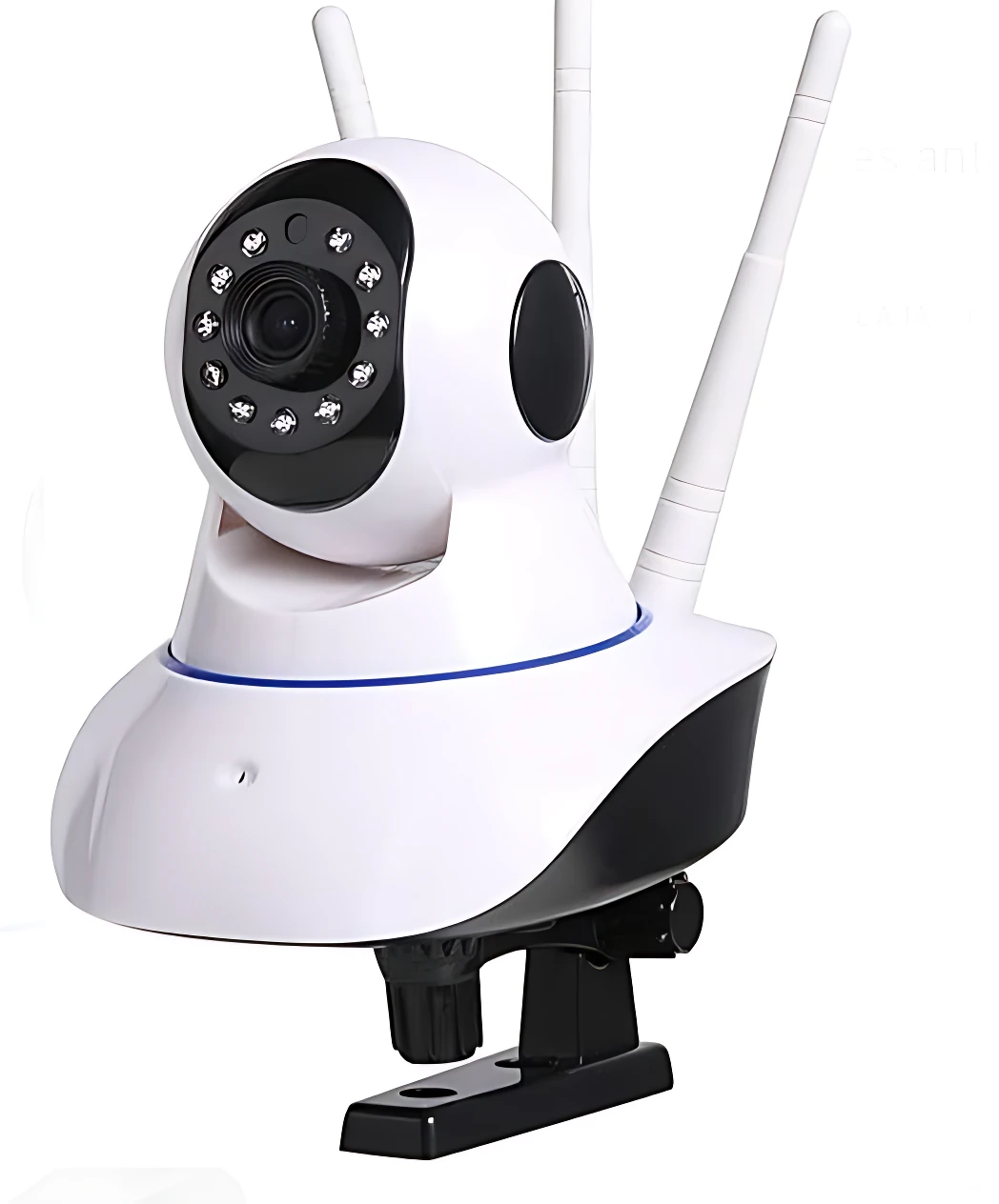 Cámara de seguridad blanca con tres antenas externas, lente central rodeada de LEDs infrarrojos y base de montaje negra, diseñada para vigilancia remota.