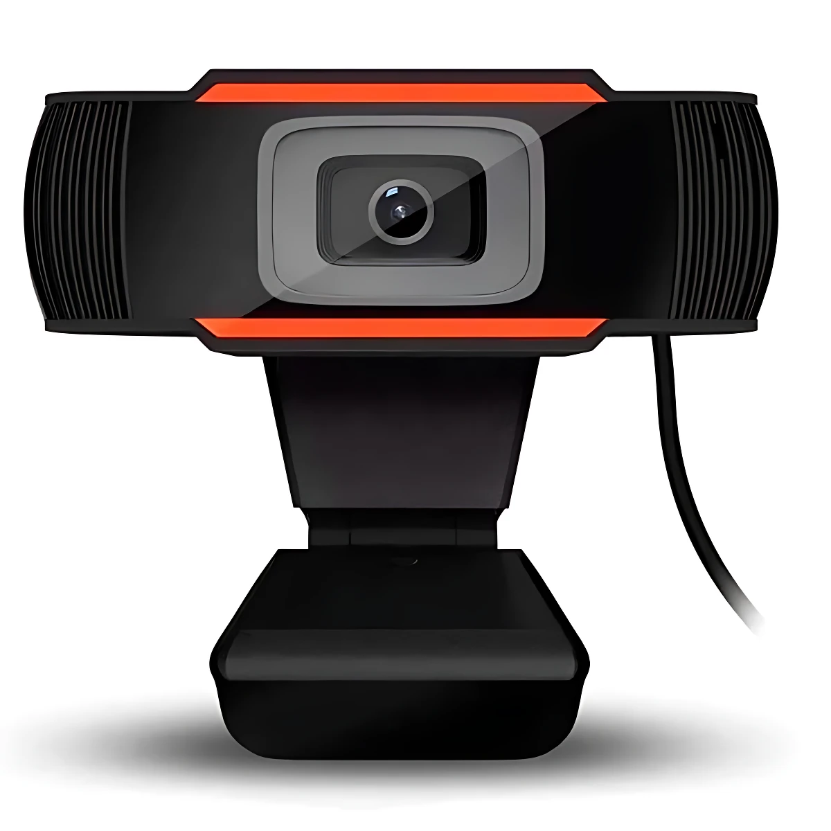 Cámara web HD 1080p negra con detalles naranjas, lente central y cable visible, diseñada para videollamadas y clases online.