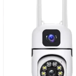 Cámara wifi interior blanca con dos antenas, lente central y anillo de luces LED infrarrojas para visión nocturna.