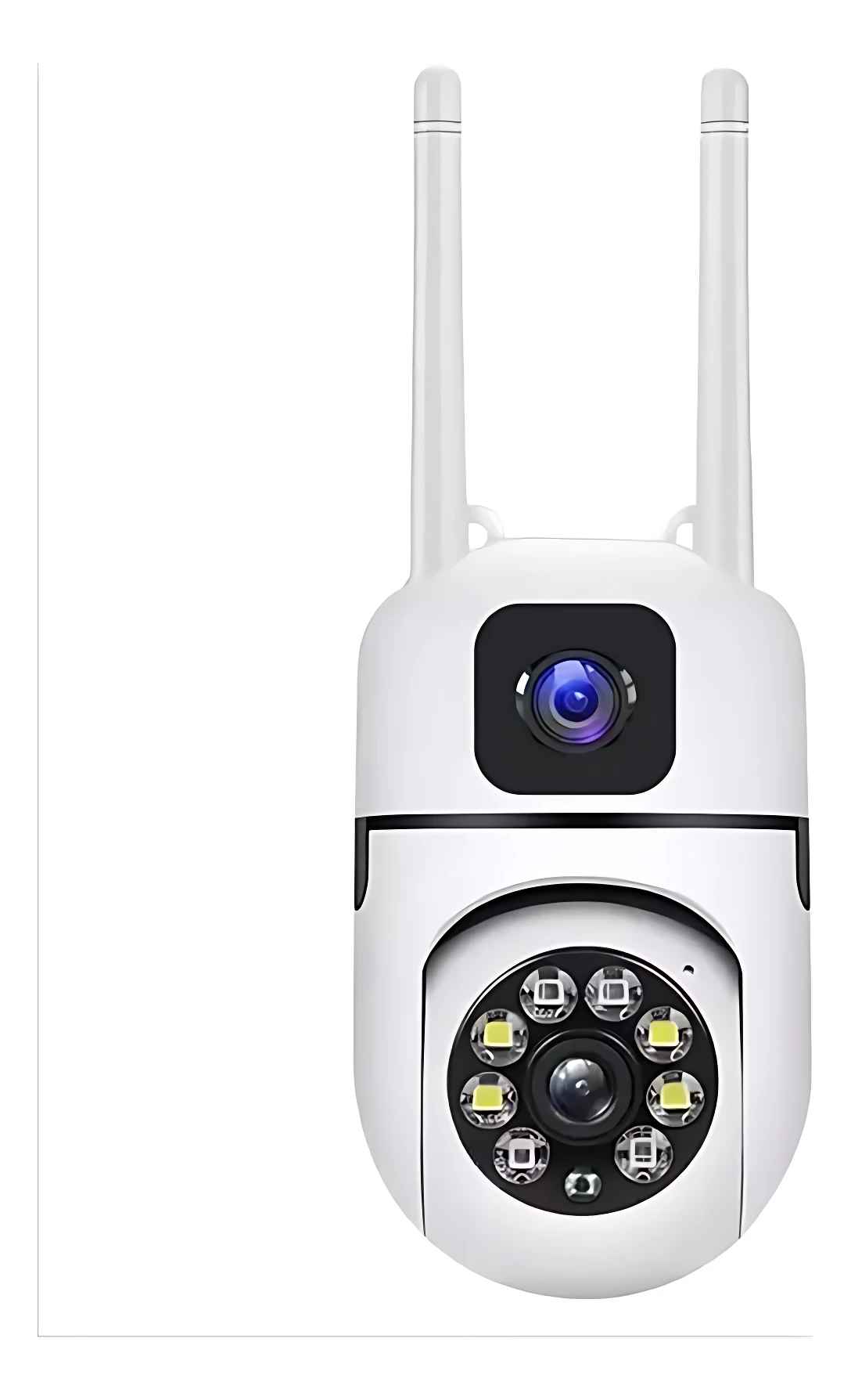 Cámara wifi interior blanca con dos antenas, lente central y anillo de luces LED infrarrojas para visión nocturna.