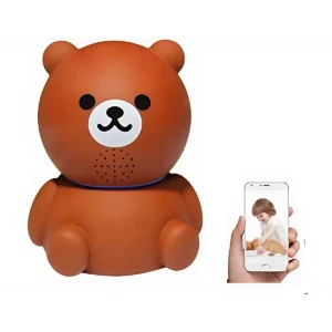 Cámara wifi en forma de oso marrón con cara blanca y nariz negra, mostrando pantalla de smartphone con bebé.