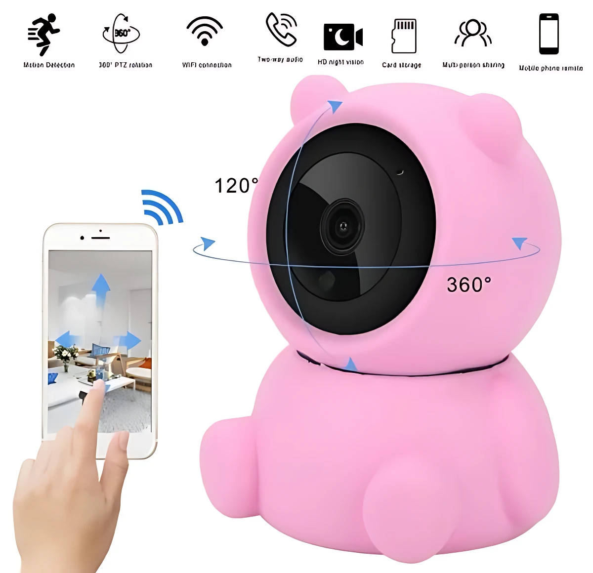 Cámara WiFi rosa con diseño de peluche, vista frontal mostrando lente central y rotación 360 grados, control vía smartphone.