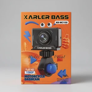 Dashcam KARLER BASS modelo KB-MC100 en caja naranja, con cámara negra montada sobre soporte azul y detalles gráficos de manos y rayos.