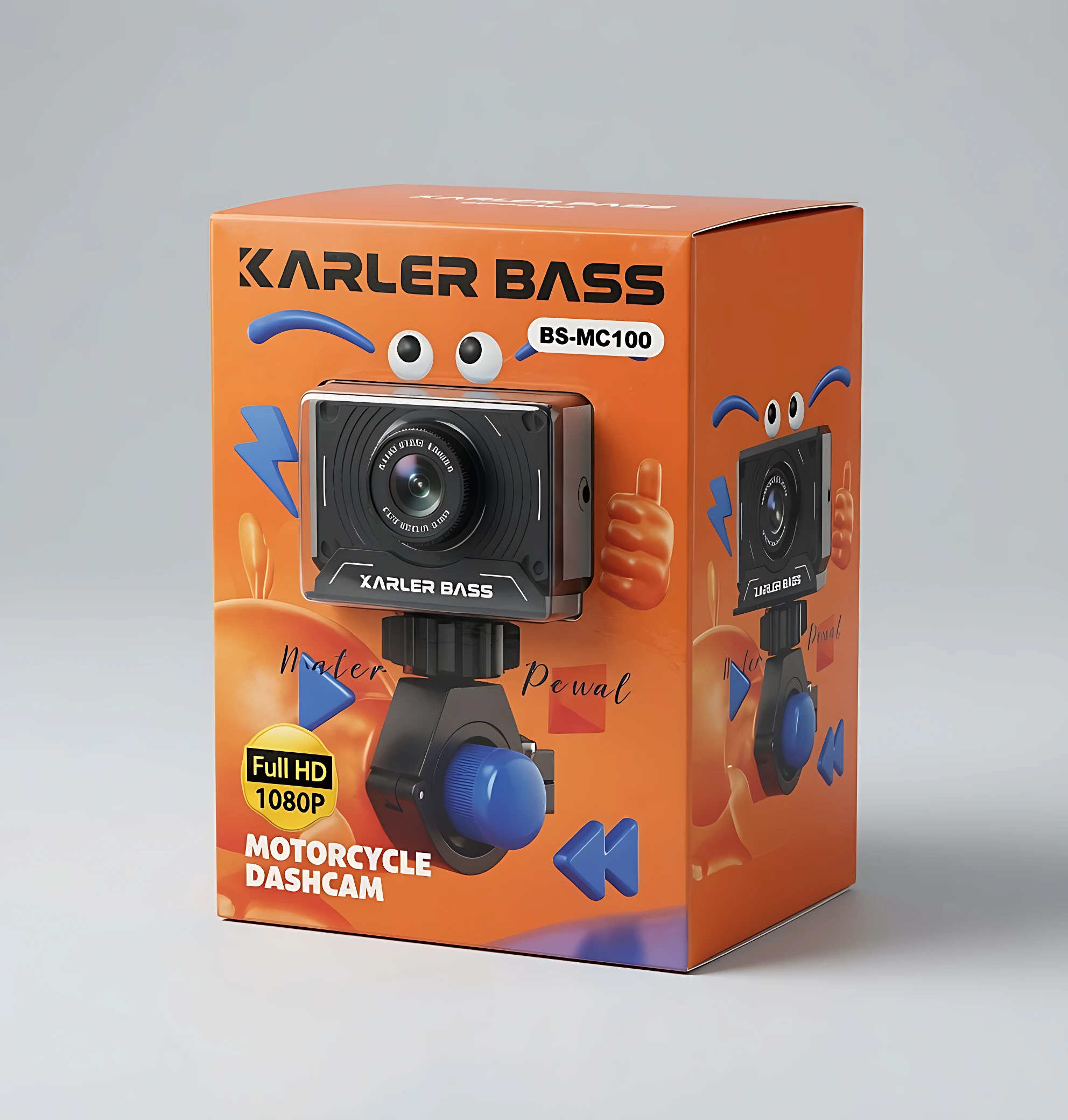 Caja naranja del dashcam KARLER BASS KR-MC100, con cámara negra montada en soporte azul, etiqueta Full HD 1080P y diseño de manos y flechas.