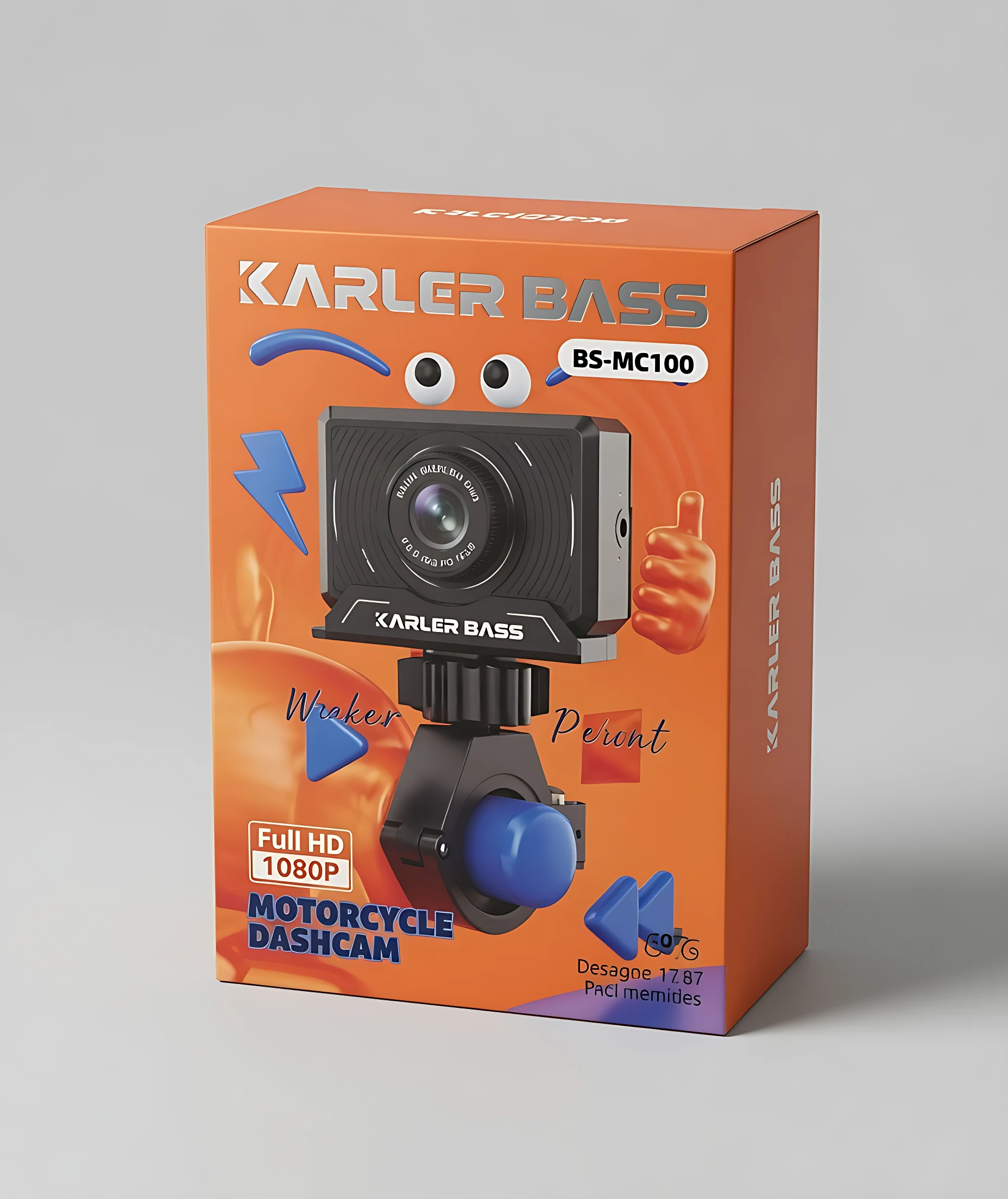 Caja naranja del dashcam KARLER BASS KR-MC100, modelo Full HD 1080P para motociclistas, con cámara negra montada en soporte azul y detalles gráficos de manos y rayos.