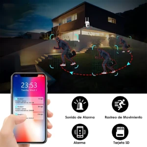 Cámara de seguridad exterior con visión nocturna, mostrando detección de movimiento y notificaciones en celular.