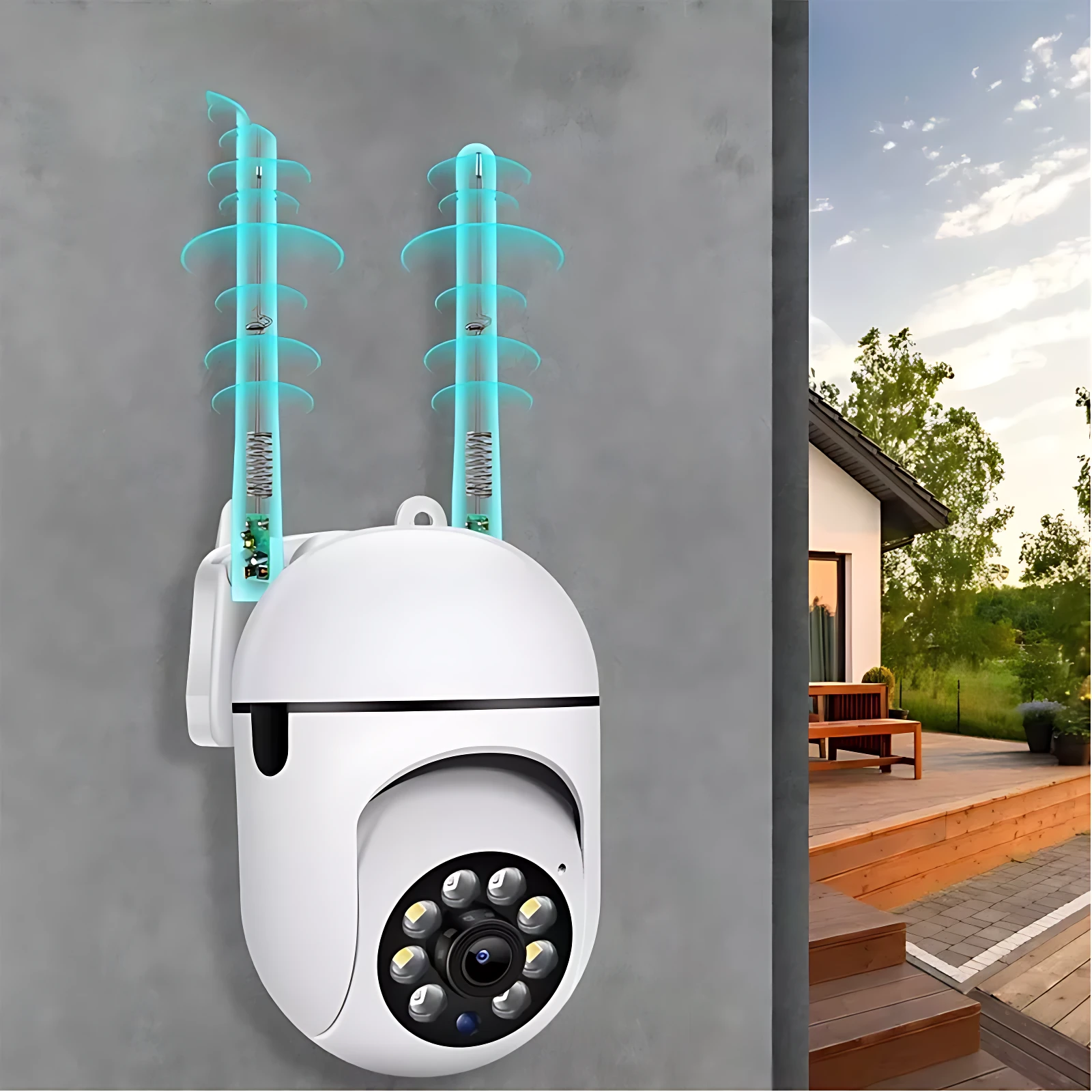 Cámara de seguridad blanca con antenas azules y luces infrarrojas, montada en pared gris, mostrando visión nocturna y conexión wifi.