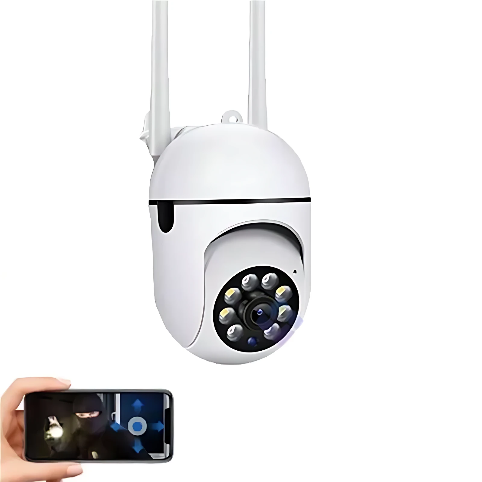 Cámara de seguridad blanca con dos antenas, lente central y anillo de luces LED para visión nocturna. Pantalla de celular mostrando transmisión en vivo con interfaz de control.