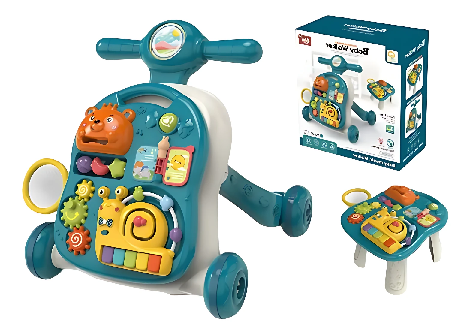 Caminador didáctico musical en azul turquesa con panel de actividades, ruedas y asa de empuje; incluye mesa auxiliar separable y caja de presentación.