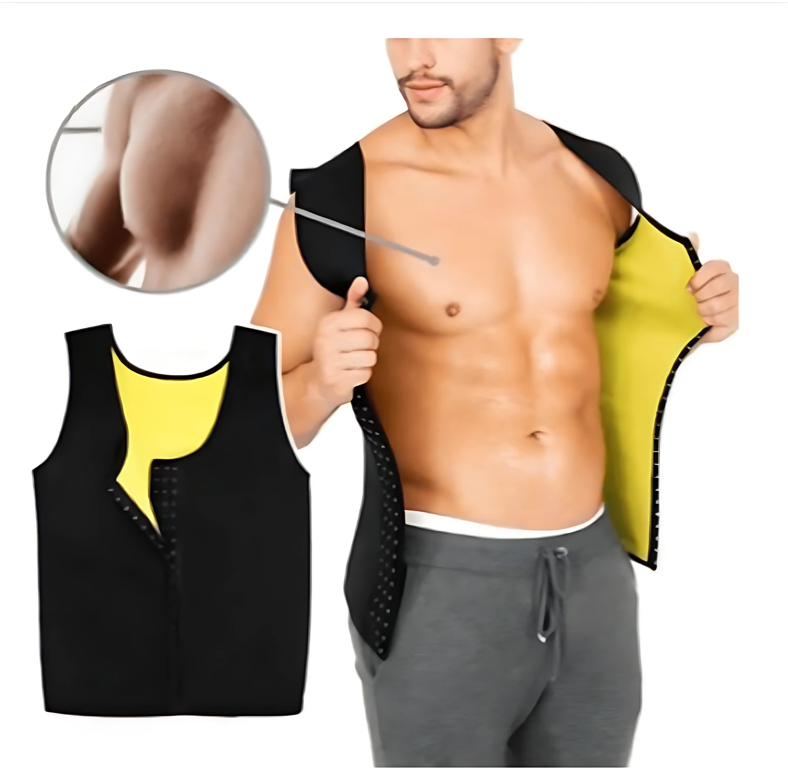 Camisilla neopreno para hombre, color negro con forro amarillo, con broches ajustables en el frente y detalles de ventilación lateral.