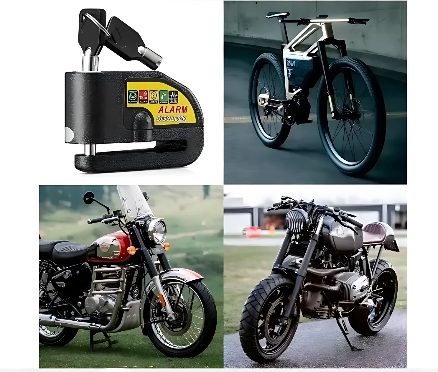 Candado U para moto en acero inoxidable con alarma de 110dB, mostrado en primer plano junto a tres motocicletas de diferentes estilos.