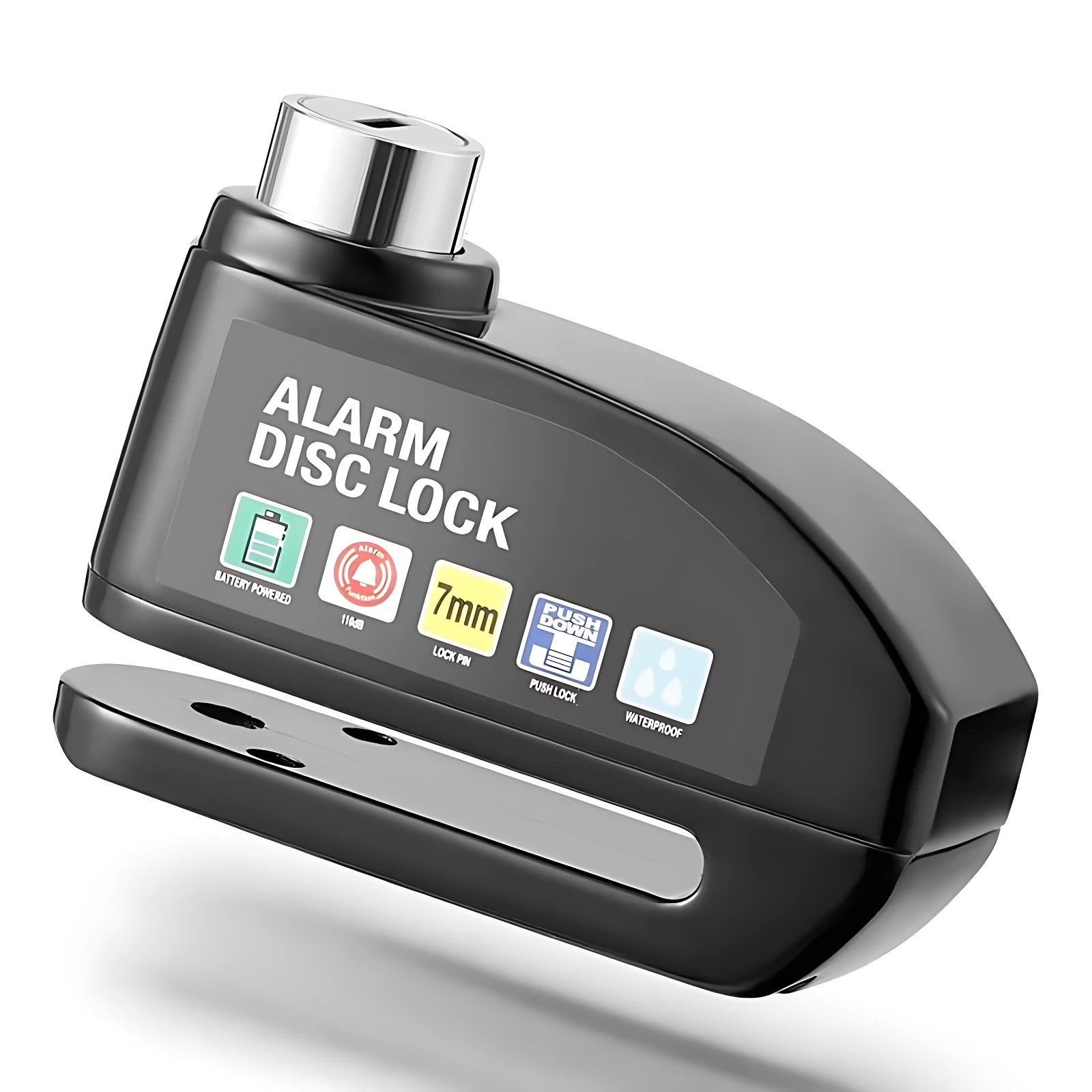 Candado de disco negro con alarma, mostrando detalles como llave de 7 mm, indicador de batería y resistencia al agua.