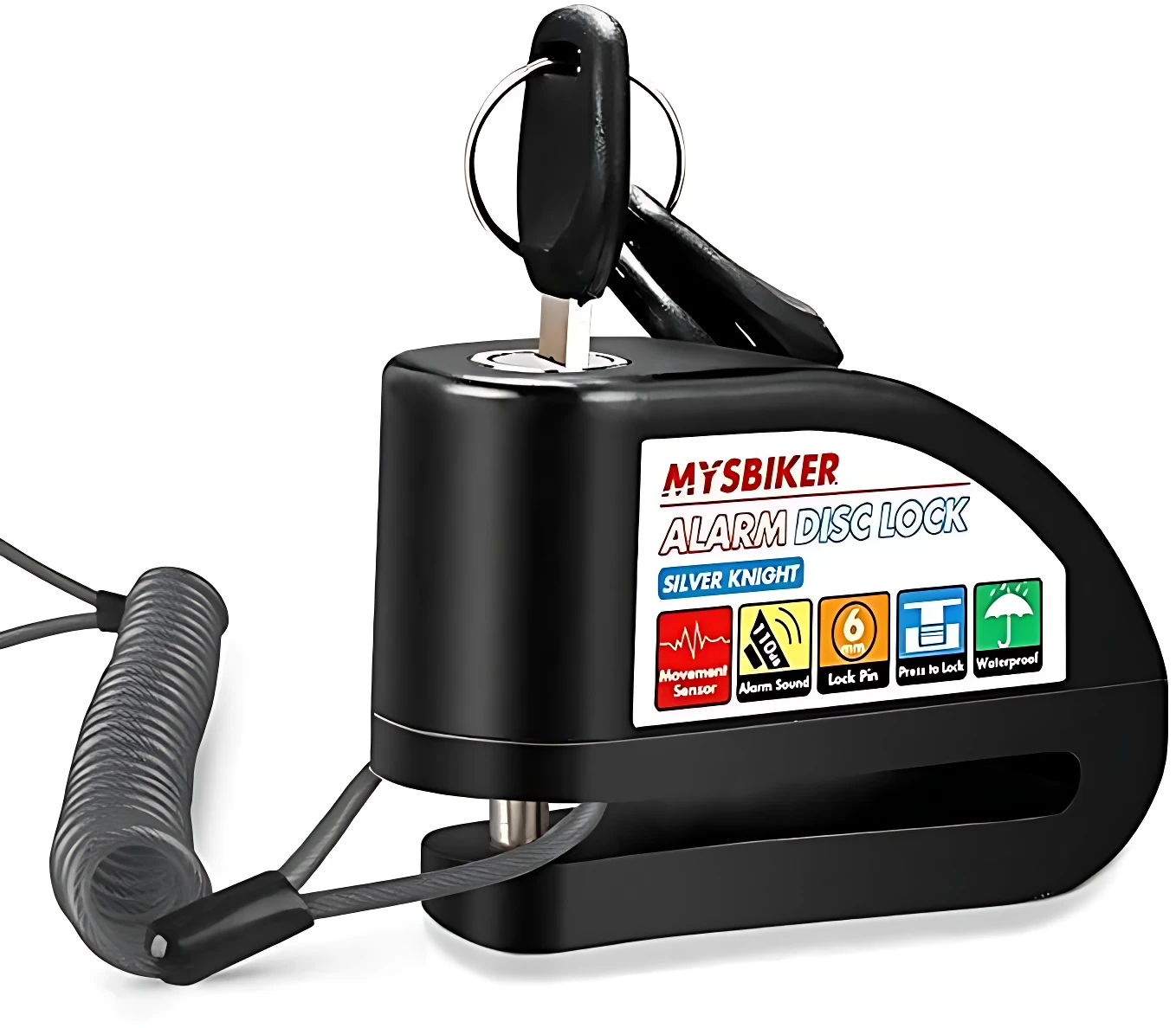 Candado de disco negro con alarma integrada, cable enrollado y llave visible, diseñado para proteger motocicletas.