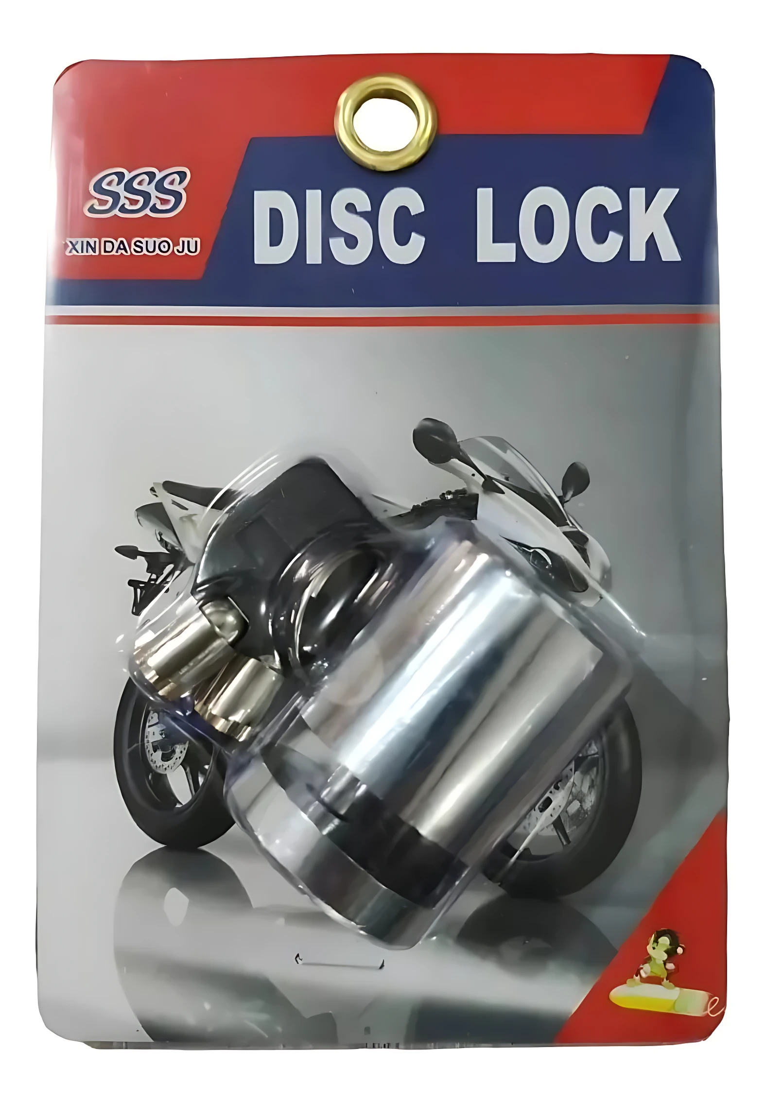 Candado de disco para moto o bicicleta, color plateado, con empaque que muestra el producto y una de motocicleta en fondo.