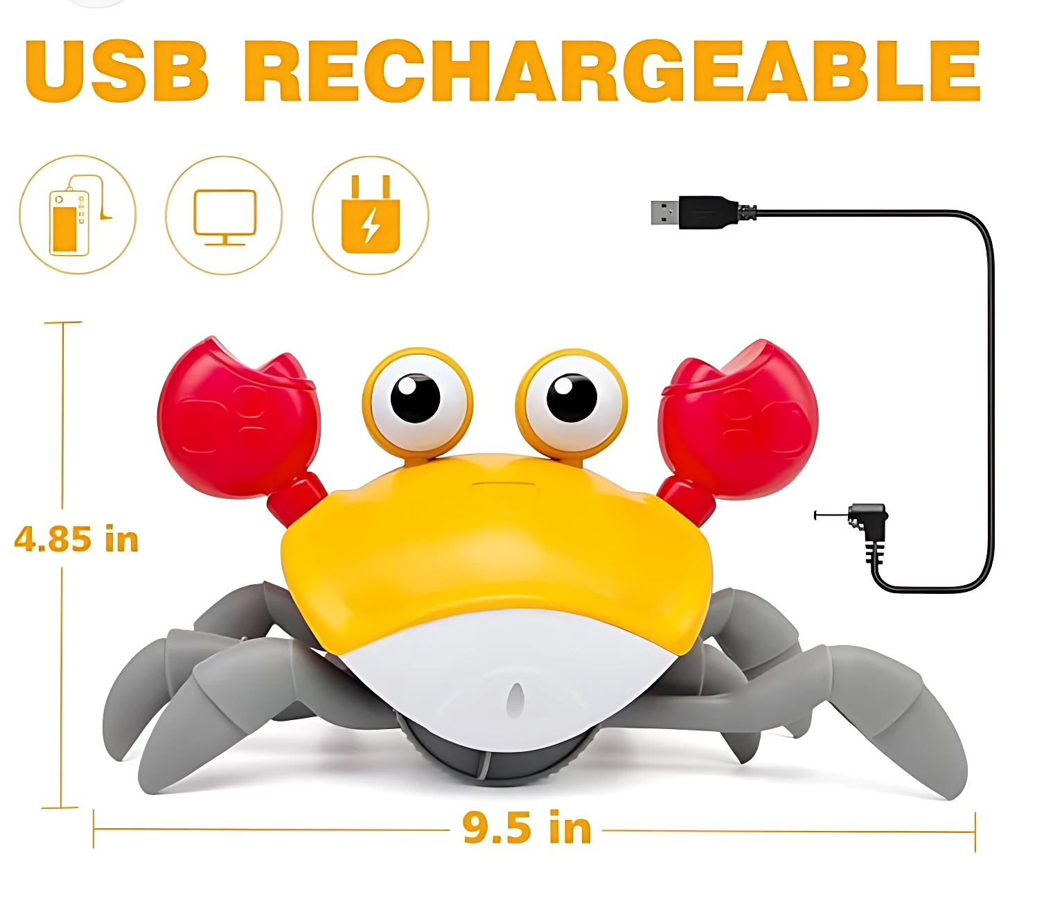 Cangrejo interactivo amarillo y rojo con ojos grandes, patas grises y cable USB para recarga; mide 9,5 pulgadas de largo por 4,85 de alto.