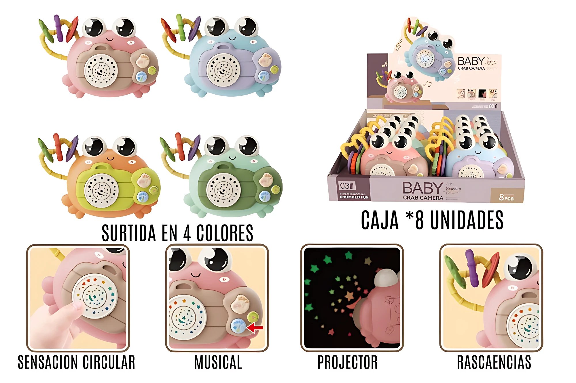 Cangrejo proyector musical en cuatro colores, con botones sensoriales y luces nocturnas, ideal para estimular sentidos y motricidad de bebés.