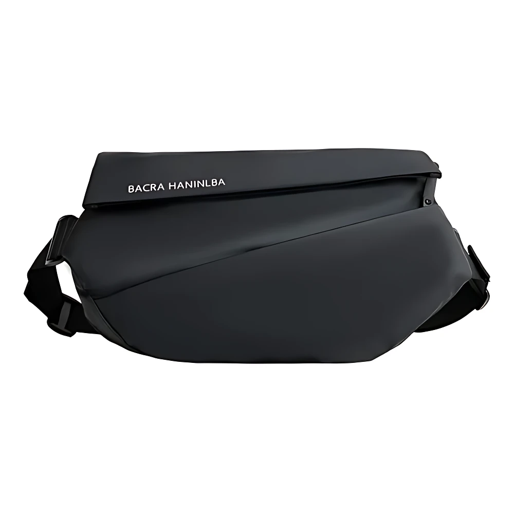 Mochila de pecho negra con cierre frontal y logo visible, diseñada para uso antirrobo y resistente al agua.