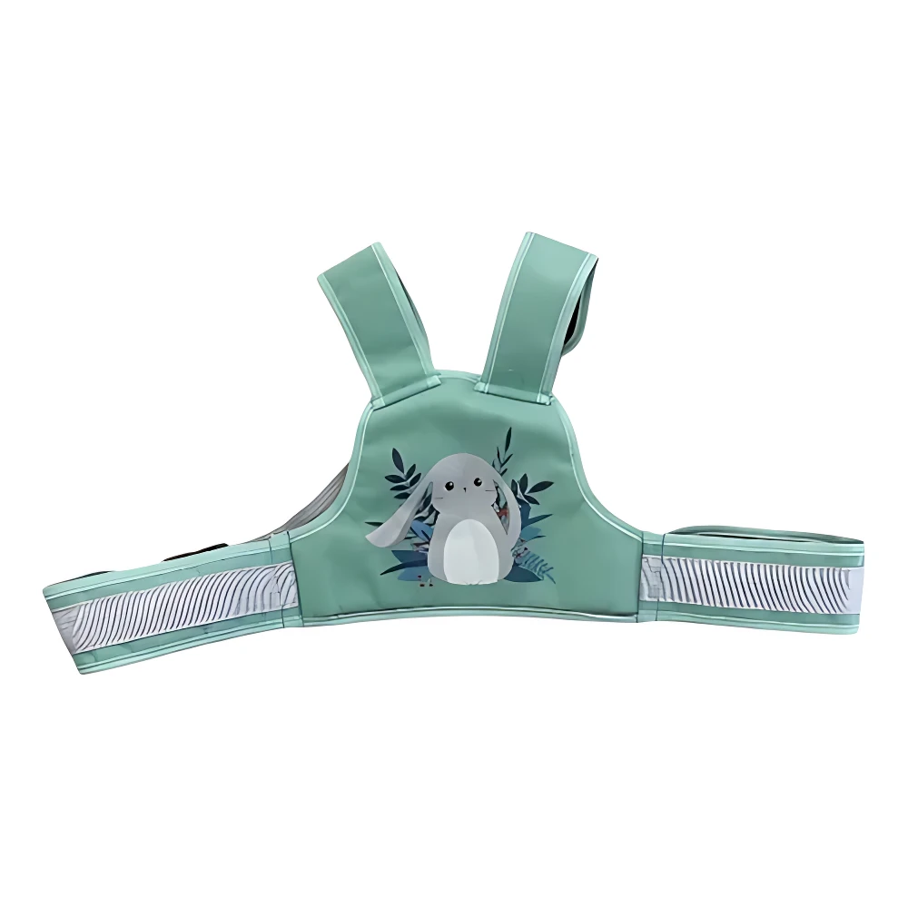 Arnés de seguridad moto para niños en color menta con estampado de conejo y hojas, diseñado para uso en motocicleta.