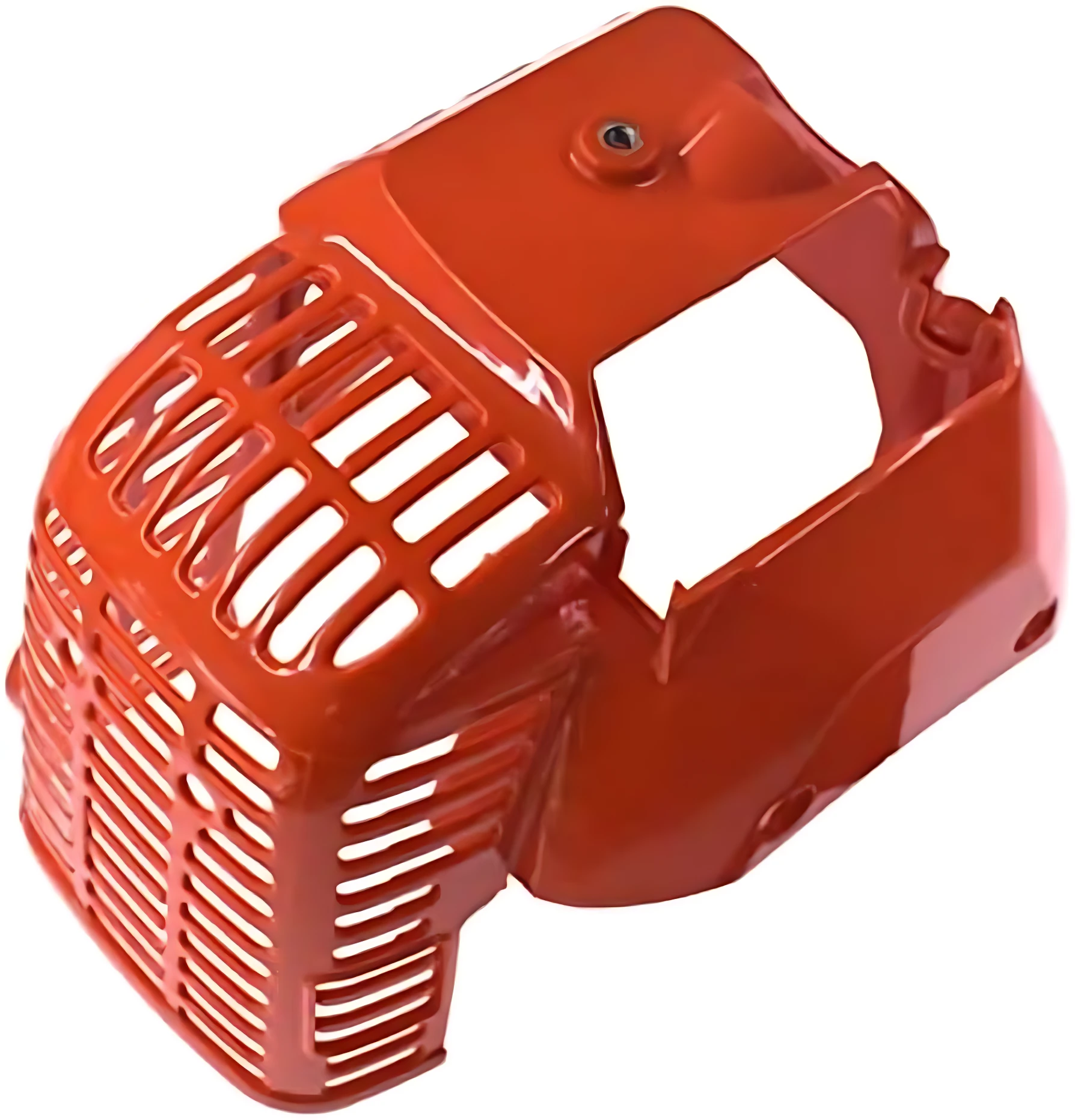 Carcasa motor naranja vibrante con rejilla frontal y apertura trasera, diseñada para proteger maquinaria de jardín contra impactos y suciedad.