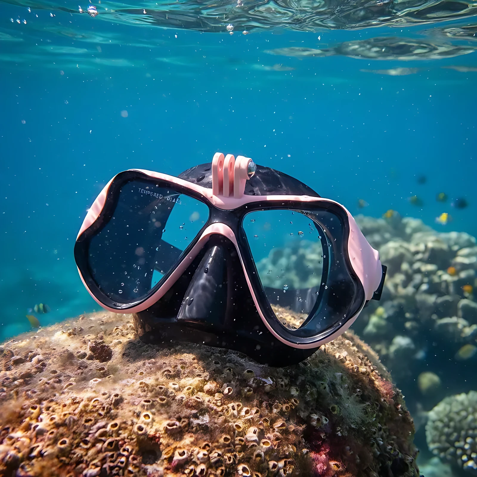Caretas de buceo con lentes de vidrio templado sin empañamiento, color negro y rosa, reposando sobre roca coralina en entorno submarino.