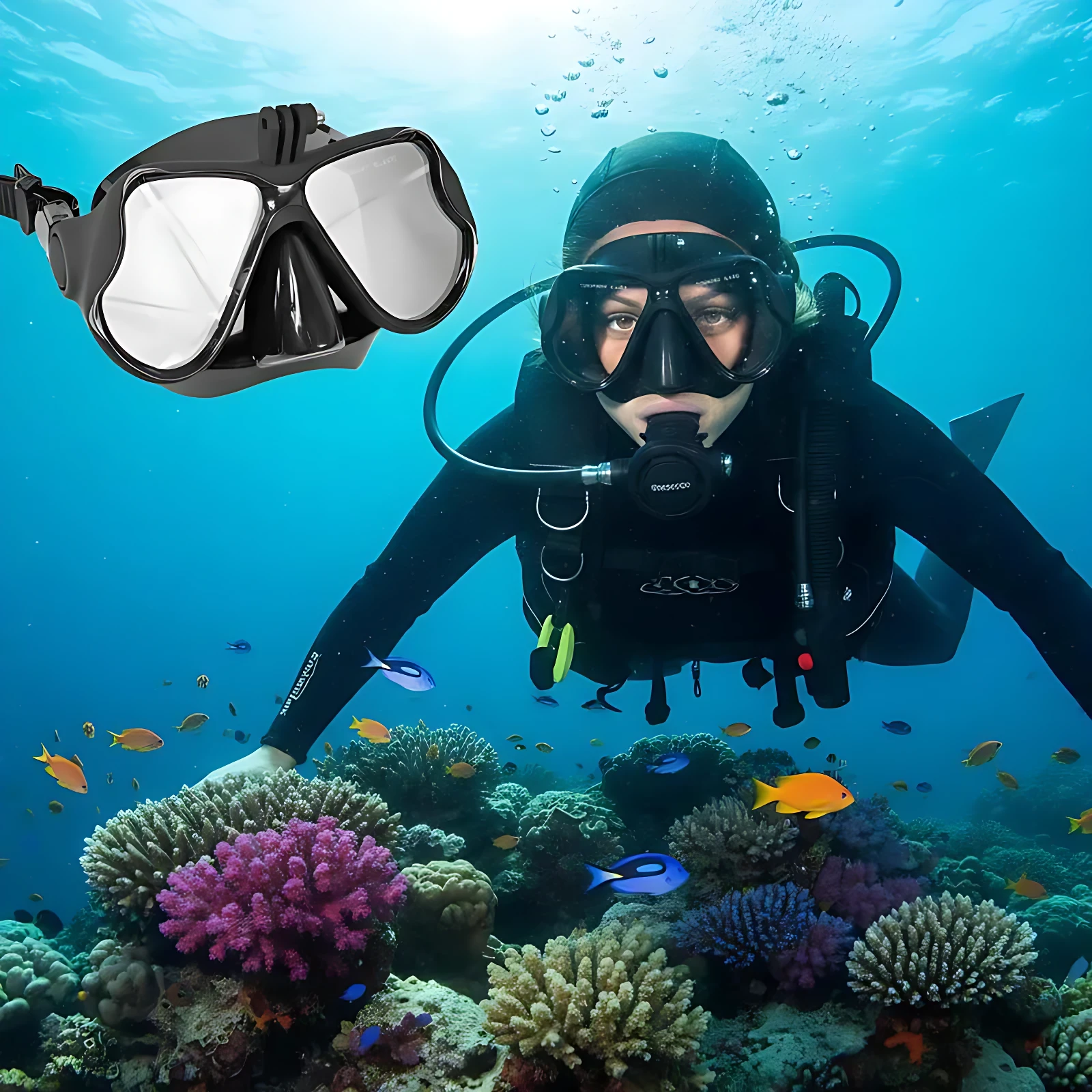 Caretas de buceo con lentes de vidrio templado sin empañamiento, modelo negro con visor panorámico, usadas por un buceador frente a arrecife de coral.