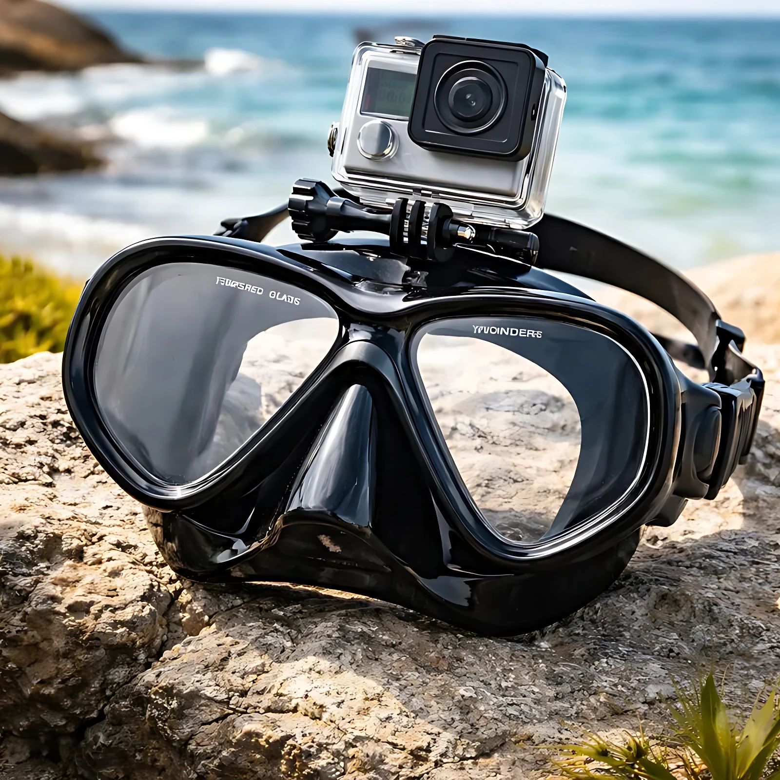 Caretas de buceo negras con lentes de vidrio templado sin empañamiento, montadas sobre roca costera con cámara GoPro en el frontal.