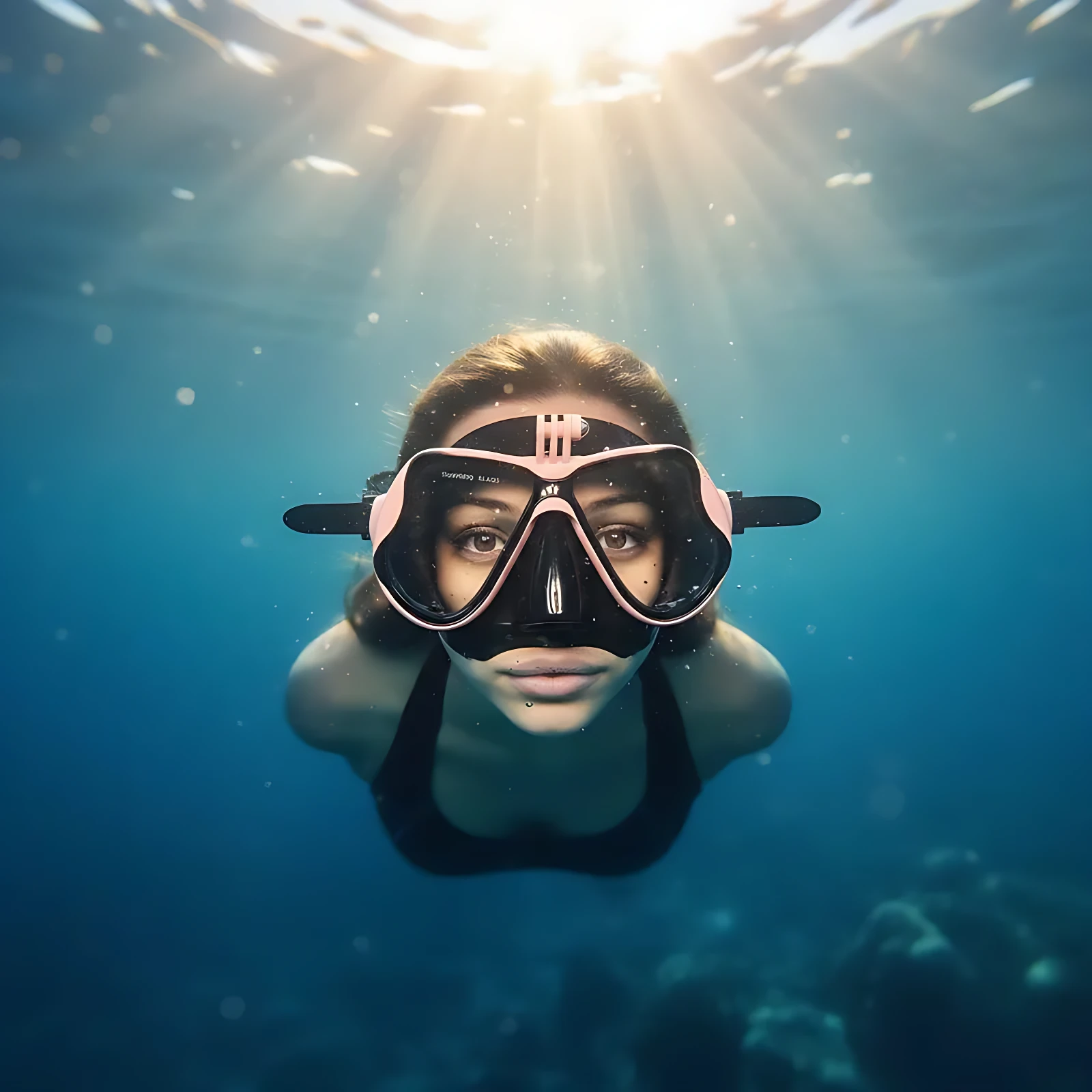 Mujer usando careta de buceo con lentes de vidrio templado sin empañamiento, color rosa y negro, vista frontal bajo el agua con luz solar filtrándose desde la superficie.