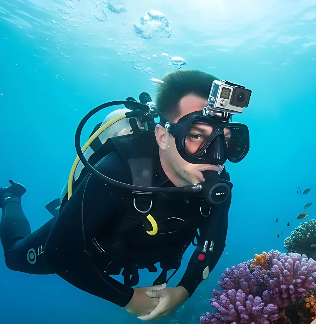 Buzo con careta de buceo negra y lentes de vidrio templado sin empañamiento, cámara GoPro montada en la frente, respirando bajo el agua frente a coral violeta.