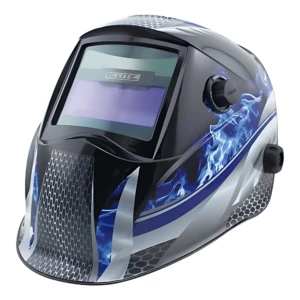Careta de soldadura automática con visor inteligente, diseño en negro con detalles en azul y plateado, acabado con patrón de malla y gráficos de fuego.