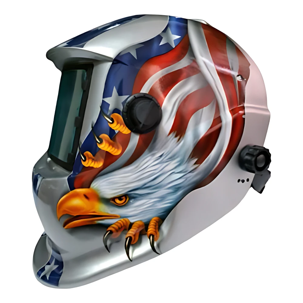 Careta de soldadura automática con diseño de águila y bandera estadounidense, vista lateral. Incluye sensor de luz y visera oscura.