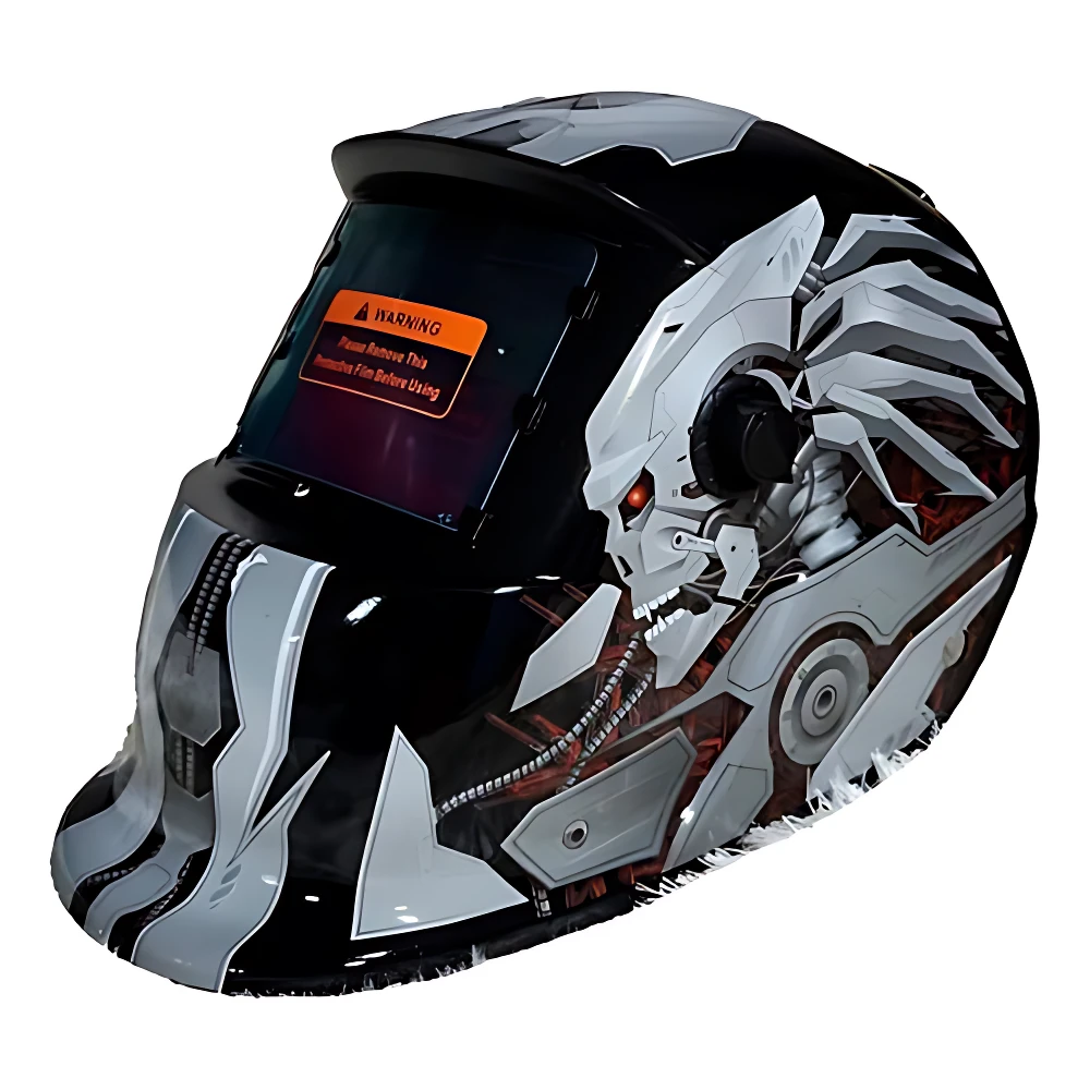 Careta de soldadura automática con diseño futurista en negro y plateado, visor digital con advertencia visible, ideal para trabajos intensos.