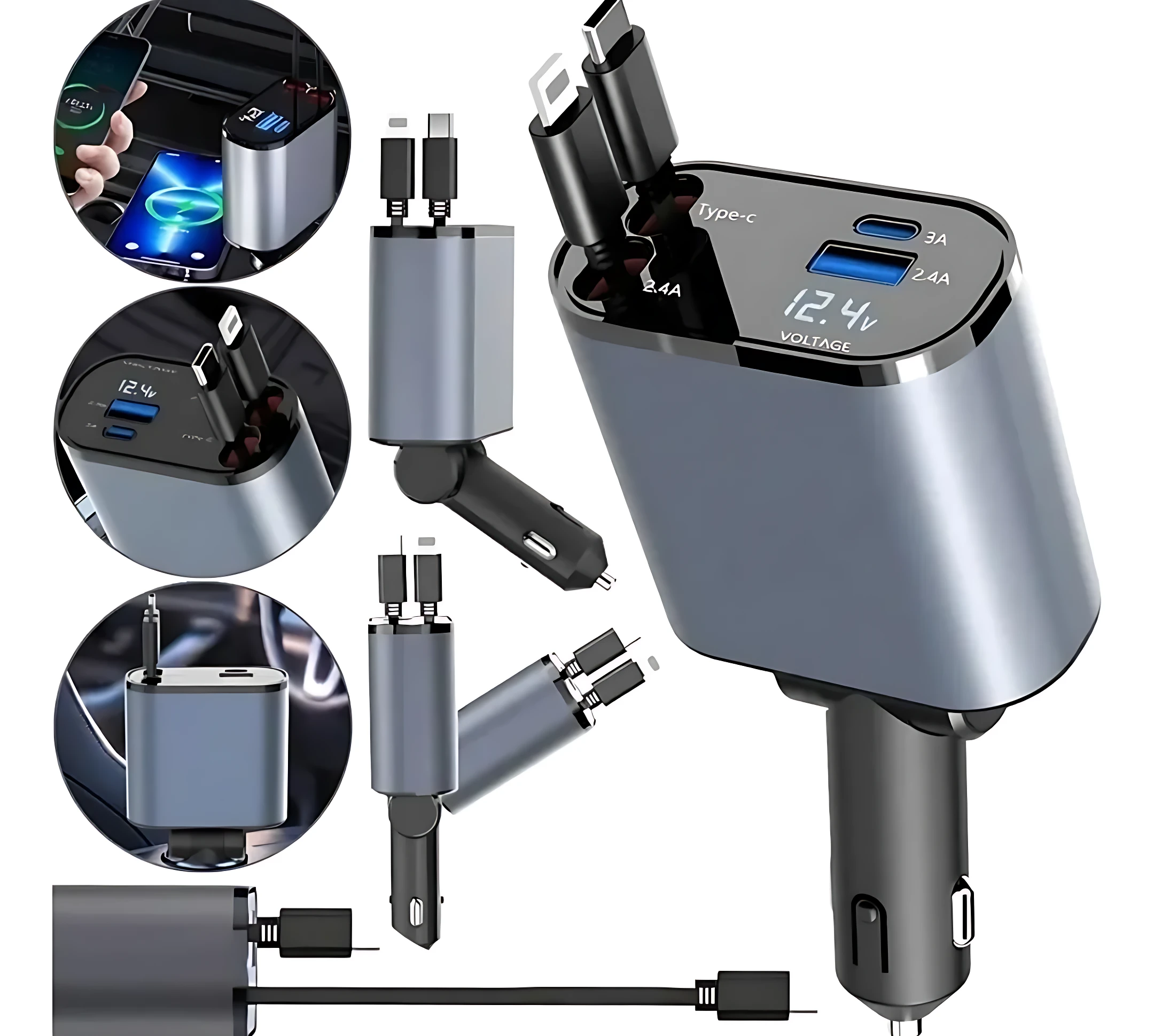 Cargador de coche 4 en 1 con cable retractil y pantalla LED, color gris metálico, mostrando conectores USB-C, USB-A y puerto de encendido, con cable negro enrollado y detalles de uso en viñetas circulares.