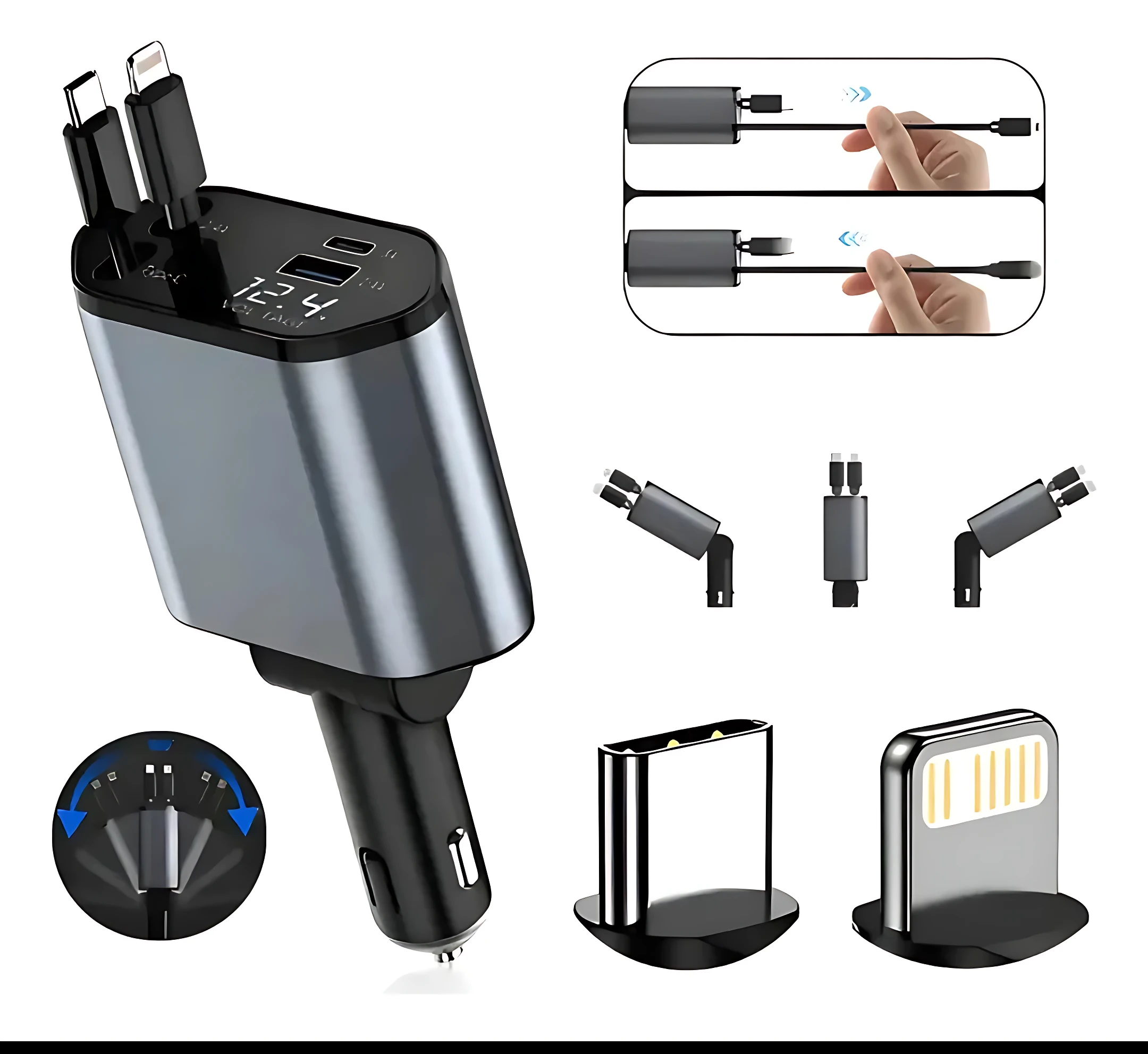 Cargador de coche 4 en 1 con cable retractil negro, pantalla LED y adaptadores universales para iPhone y Android.