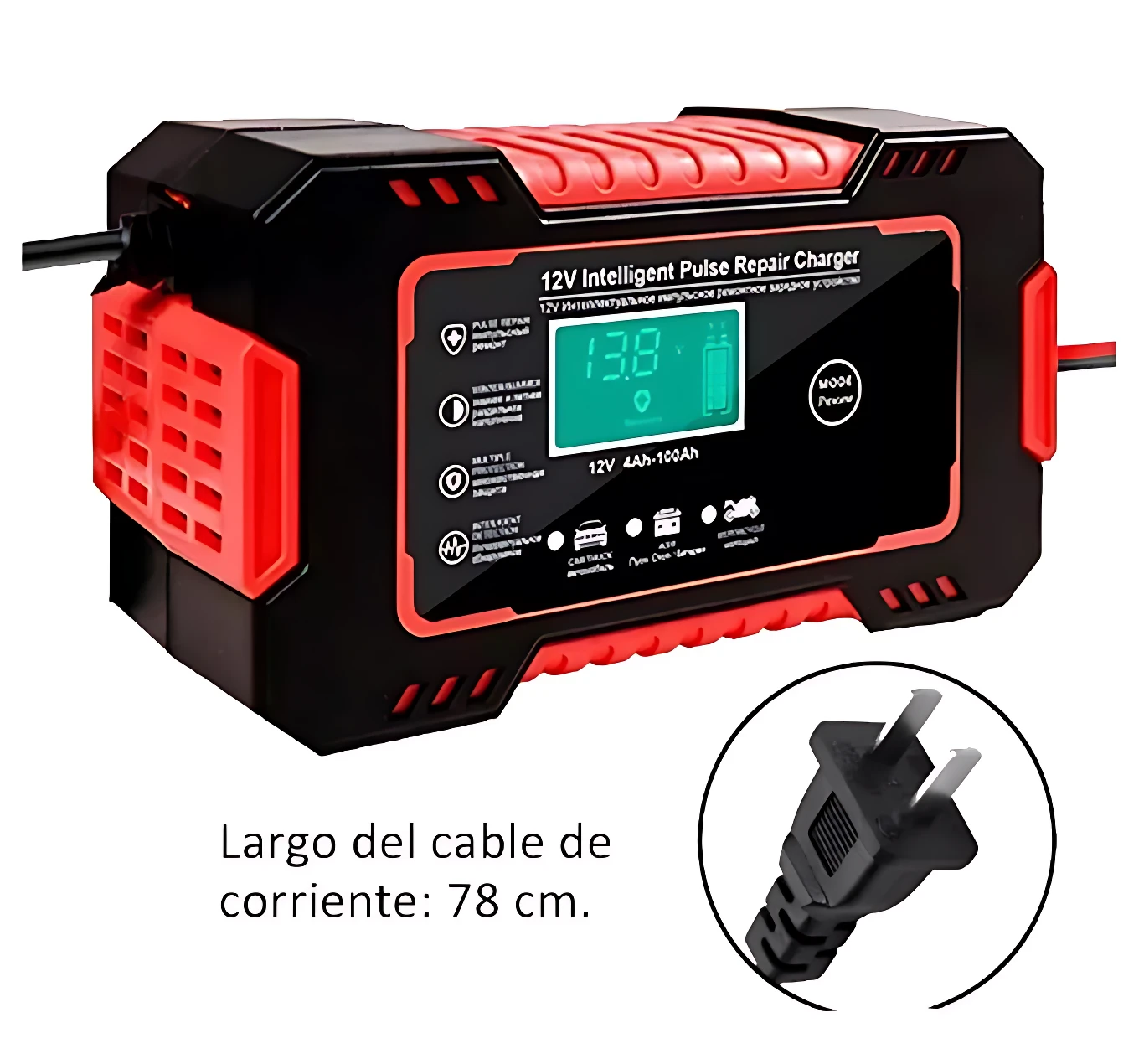 Cargador inteligente de batería 12V en negro y rojo, con pantalla digital mostrando 13.8V, cable de corriente de 78 cm y enchufe europeo visible.