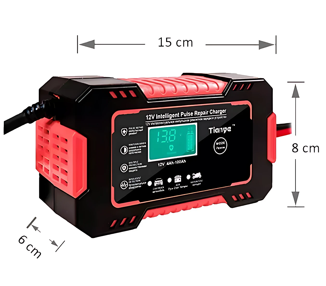 Cargador inteligente de batería 12V, color negro con detalles rojos, pantalla digital verde mostrando 13.8V, dimensiones 15x8x6 cm, con cable incluido y diseño compacto para reparación automática.