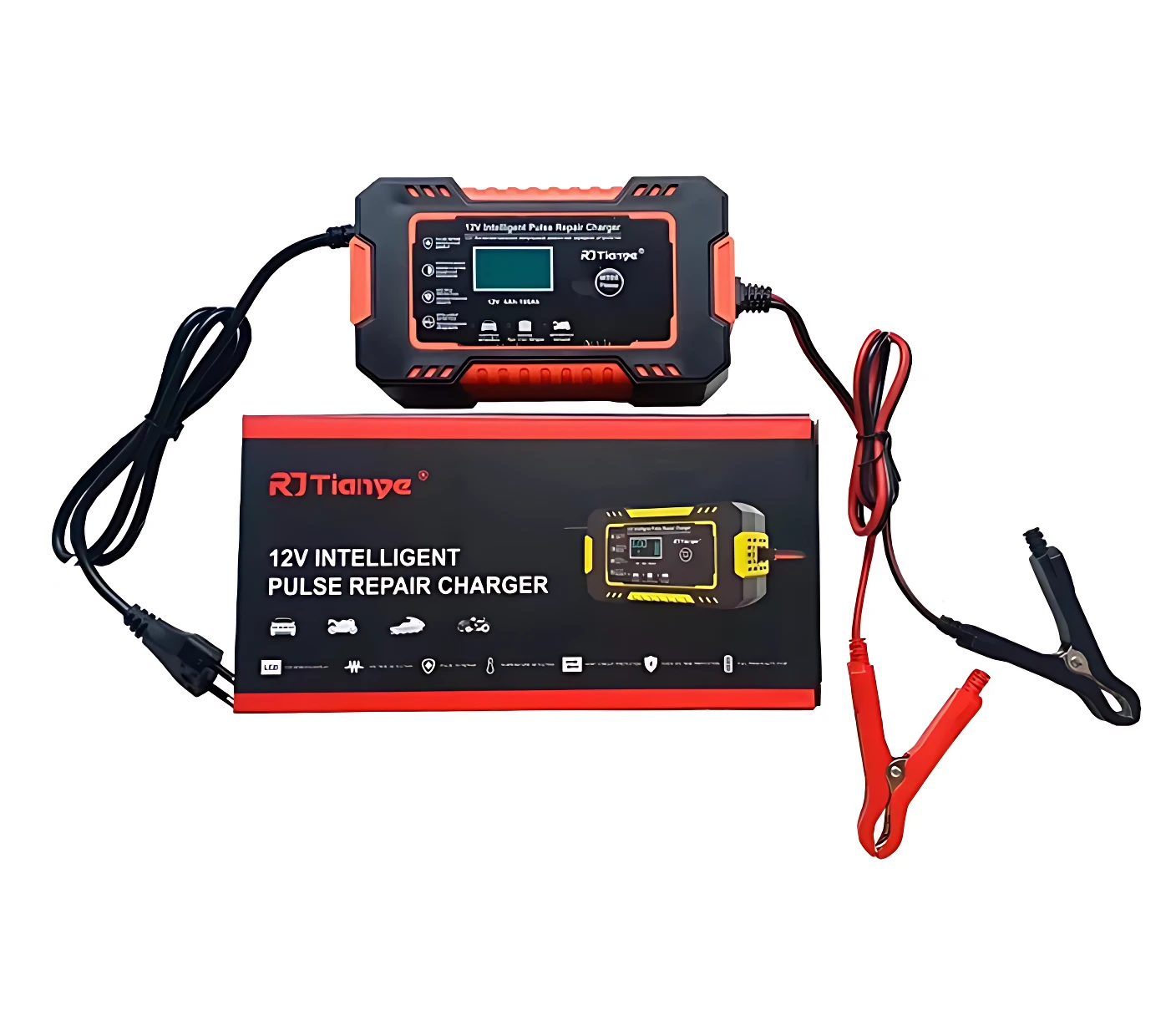 Cargador inteligente de batería 12V con reparación automática, color negro y naranja, mostrando dispositivo, caja y cables con pinzas.