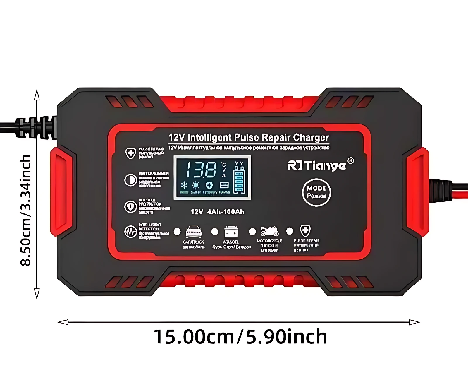 Cargador inteligente de batería de 12V con reparación por pulsos, color negro con detalles rojos, pantalla digital y medidas 15x8.5 cm.