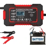 Cargador inteligente de batería de 12V con reparación por pulsos, color negro y rojo, con cables de conexión y batería de 44Ah a 100Ah.