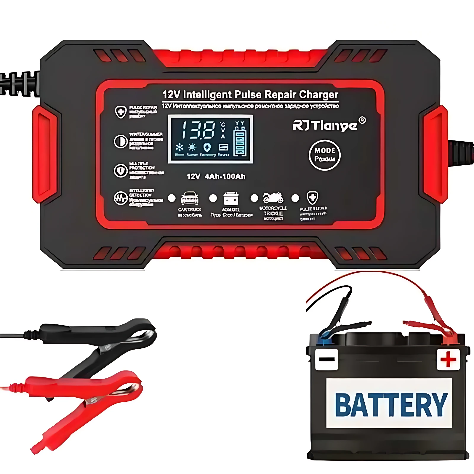Cargador inteligente de batería de 12V con reparación por pulsos, color negro y rojo, con cables de conexión y batería de 44Ah a 100Ah.