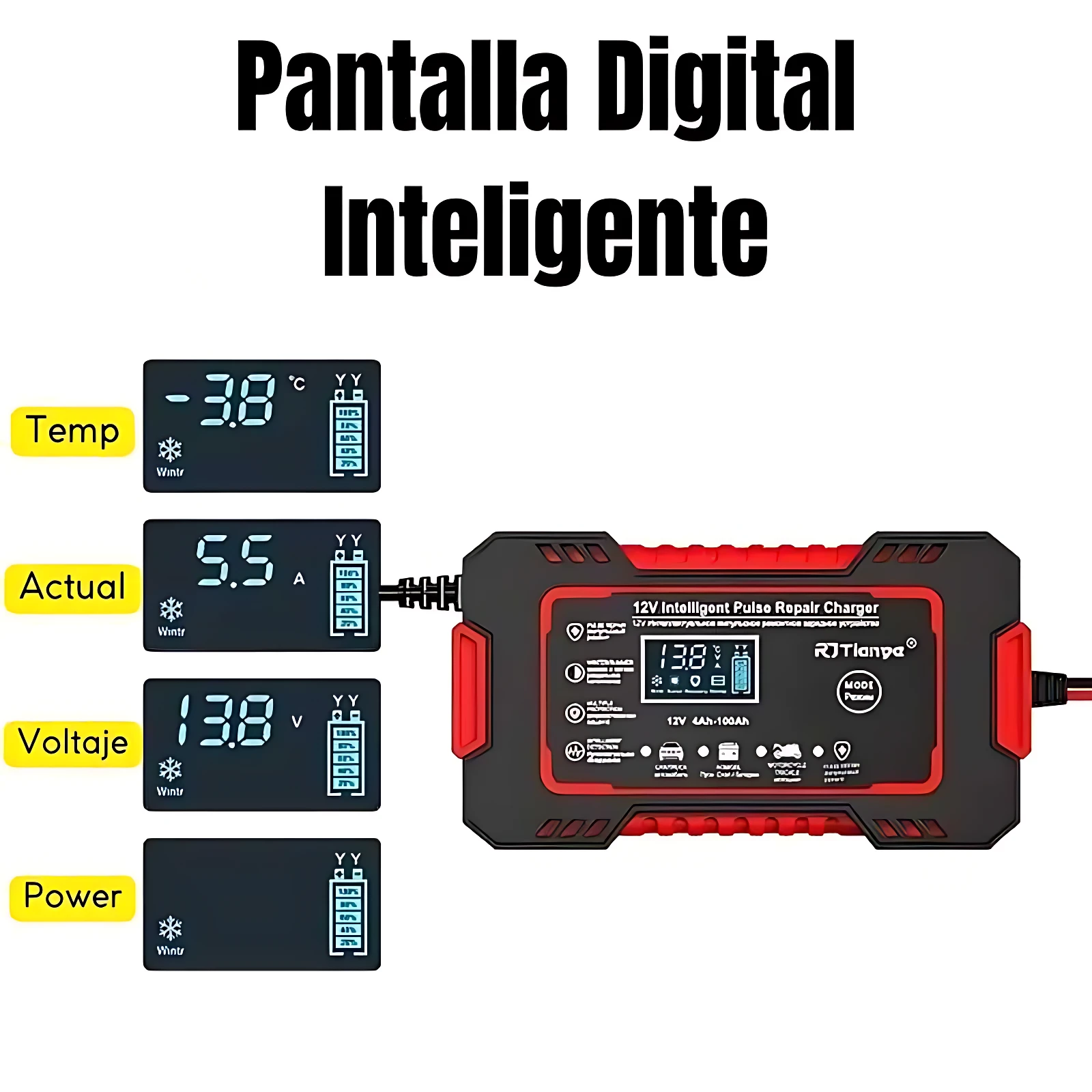 Cargador inteligente de batería de 12V con pantalla digital que muestra temperatura, amperaje, voltaje y potencia; carcasa negra con detalles rojos y cable incluido.