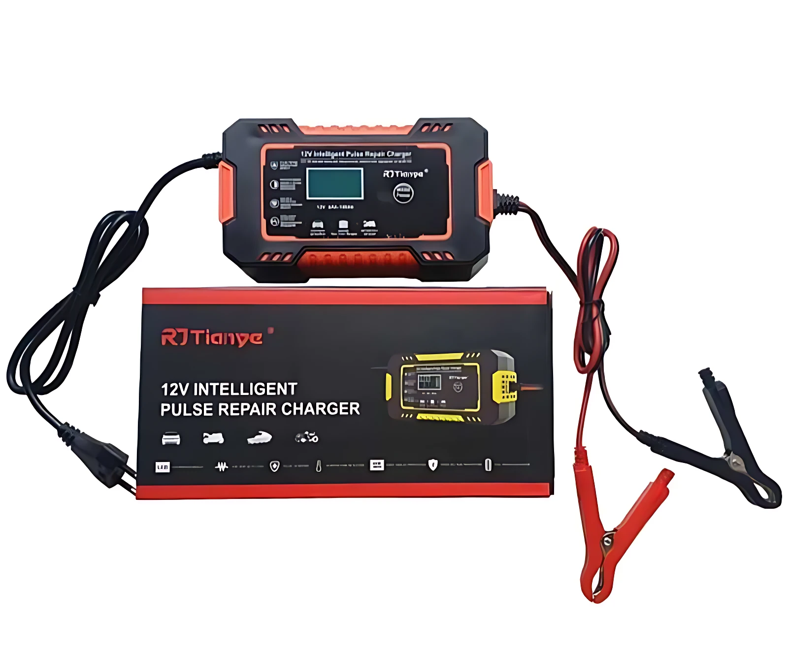 Cargador inteligente de batería de 12V con reparación por pulsos, caja negra con detalles rojos y accesorios incluidos: cables, pinzas y adaptador.