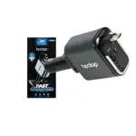 Cargador de carro negro Teclop con cinco puertos USB, enchufe tipo A y cable de carga incluido, mostrando caja frontal con detalles técnicos.