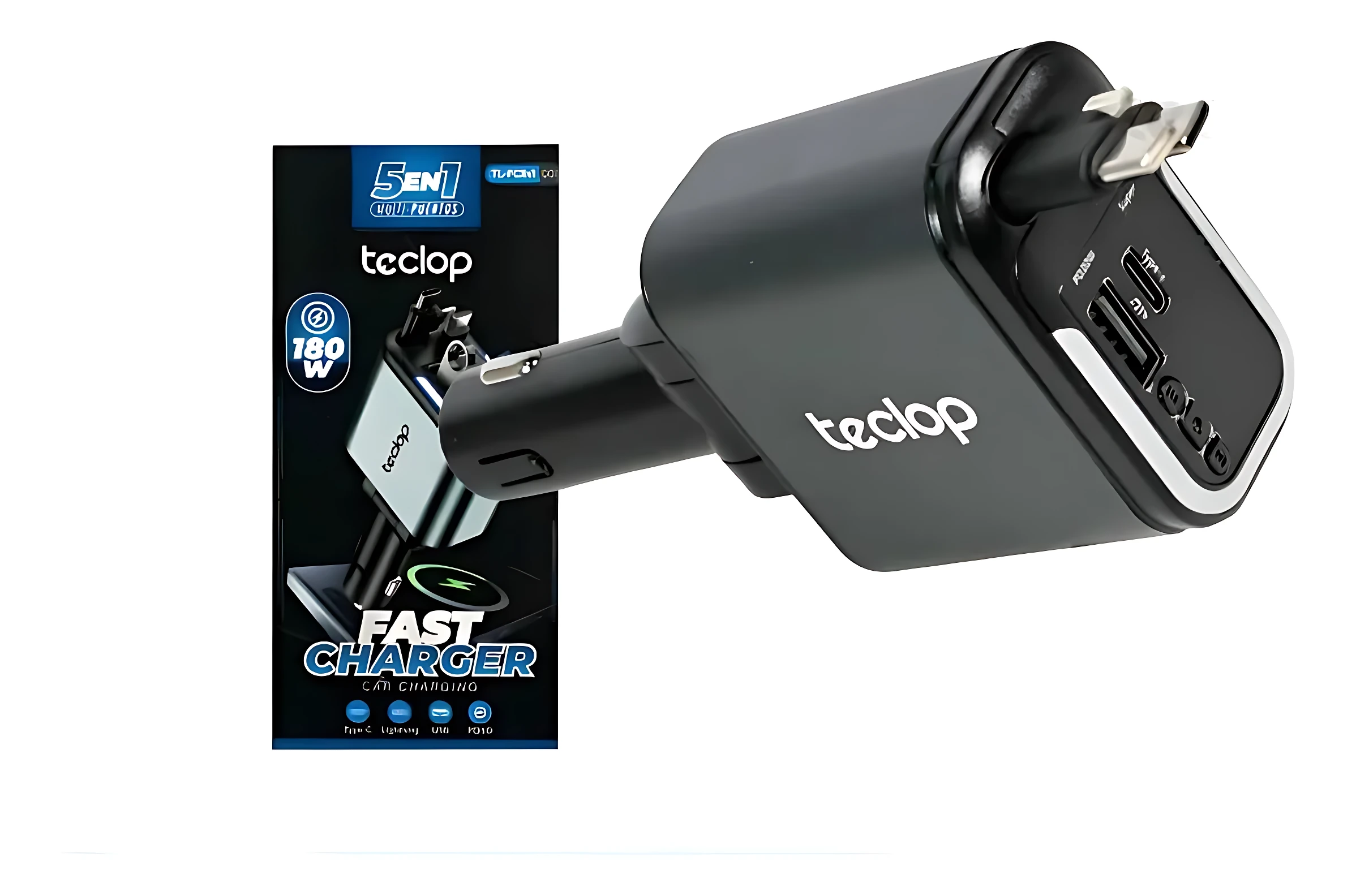 Cargador de carro negro Teclop con cinco puertos USB, mostrando el enchufe y la caja de empaque al lado.