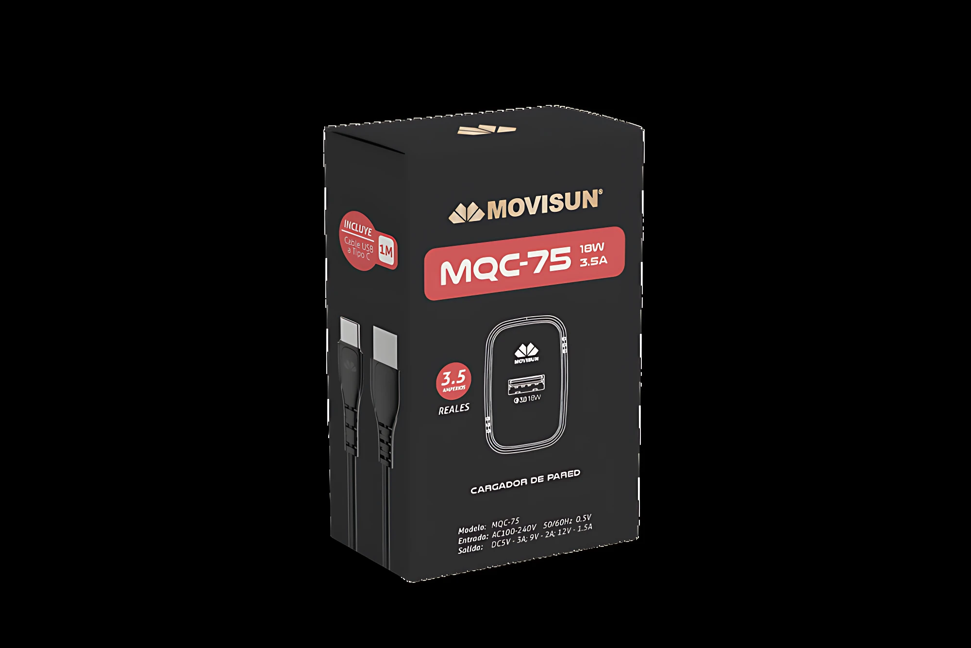 Caja negra del cargador Movisun MQC-75, con cables USB-C visibles y etiqueta roja destacando 3.5A. Incluye cargador de pared y adaptador.