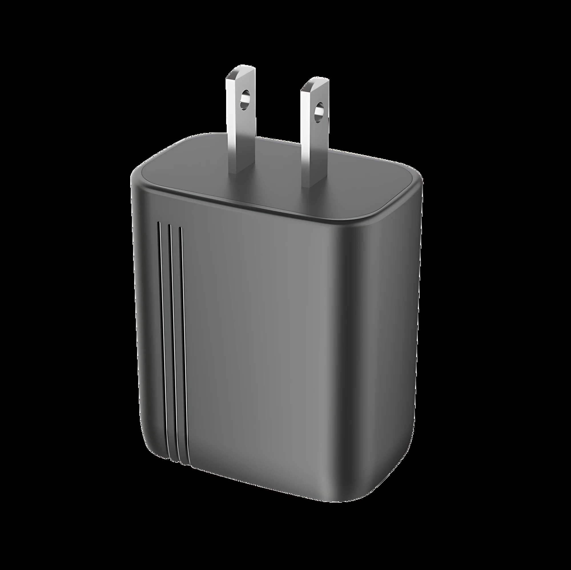 Cargador Movisun MQC-75 en color gris oscuro, con dos clavijas metálicas y superficie mate, diseñado para recarga rápida de smartphones y tablets.
