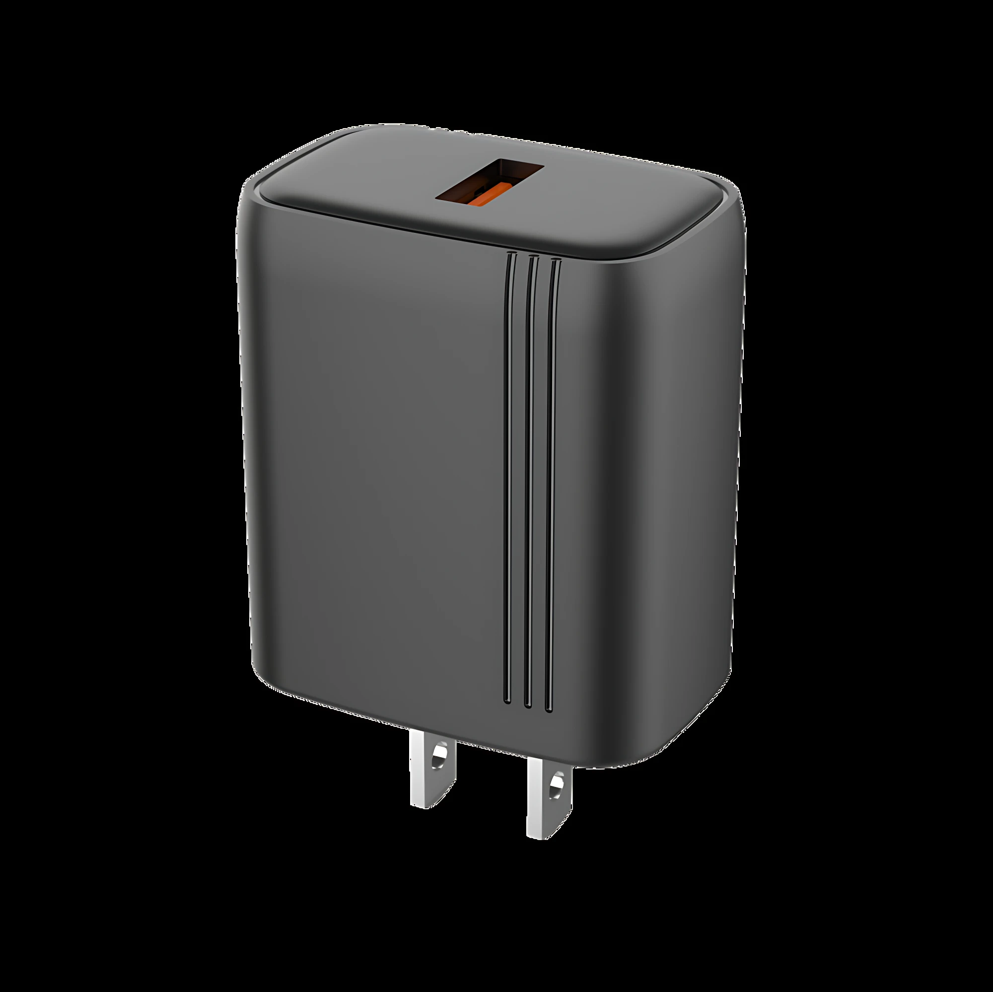 Cargador Movisun MQC-75 en color gris oscuro, con puerto USB visible y patillas de enchufe tipo A, diseñado para recarga rápida de smartphones y tablets.