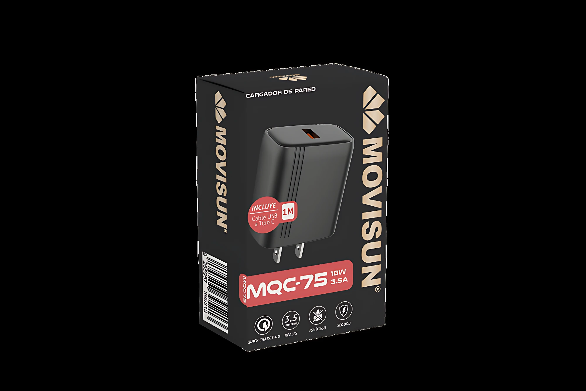 Cargador de pared Movisun MQC-75 en su empaque negro, mostrando el adaptador con dos puertos USB y enchufe tipo A, destacado con etiqueta roja que indica inclusión de cable.
