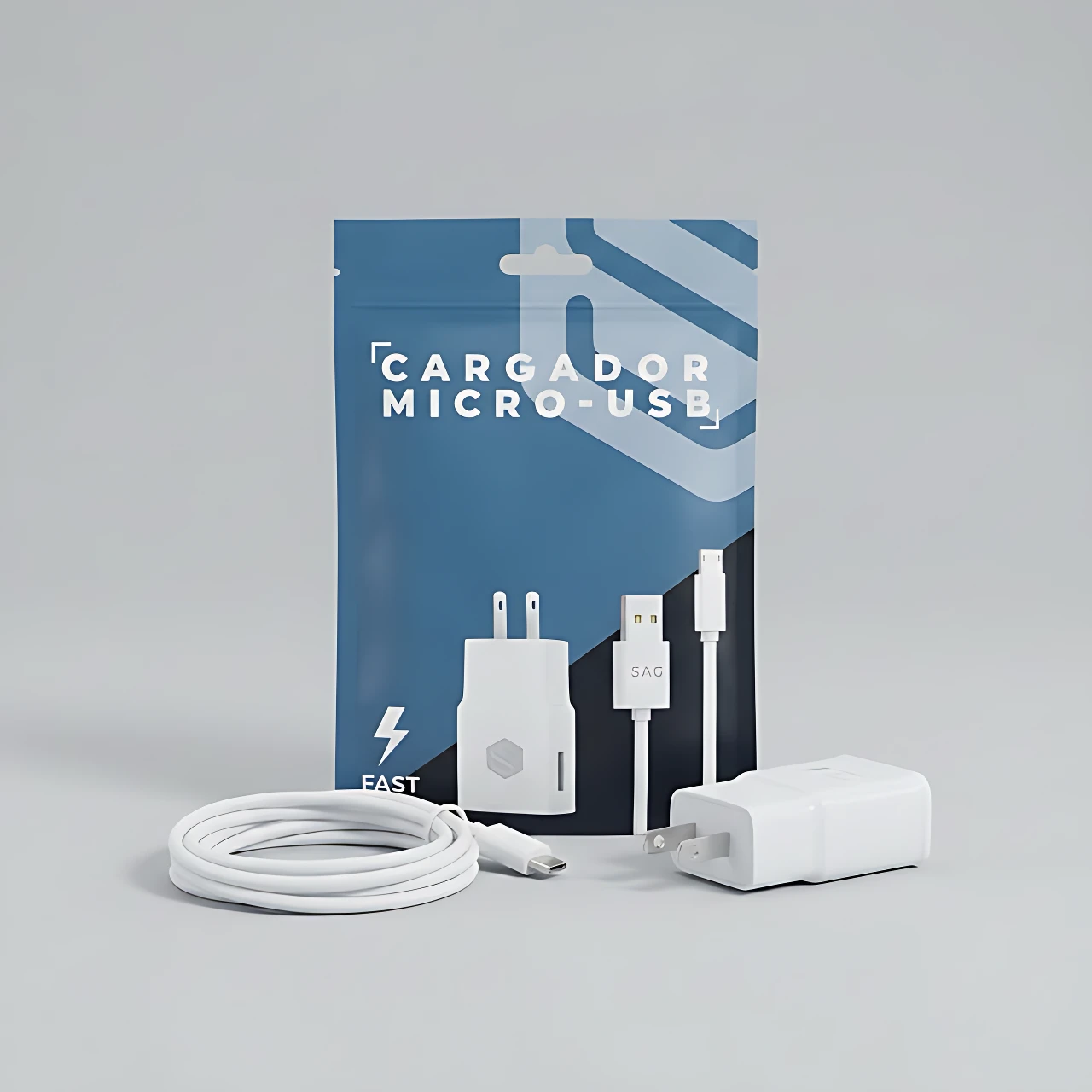 Pack de cargador USB 2.0A con cable micro-USB, incluye adaptador de pared y cable enrollado, sobre fondo gris claro.