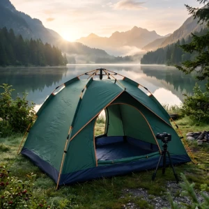 Carpa verde automática para 6 personas montada junto a un lago con montañas al fondo, con cámara sobre trípode fuera de la entrada.