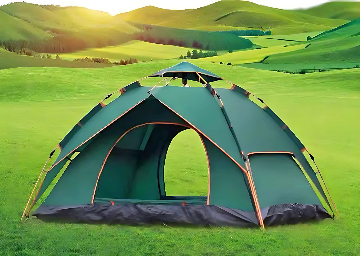 Carpa verde para seis personas, montada en campo abierto con colinas al fondo, entrada amplia y techo ventilado.